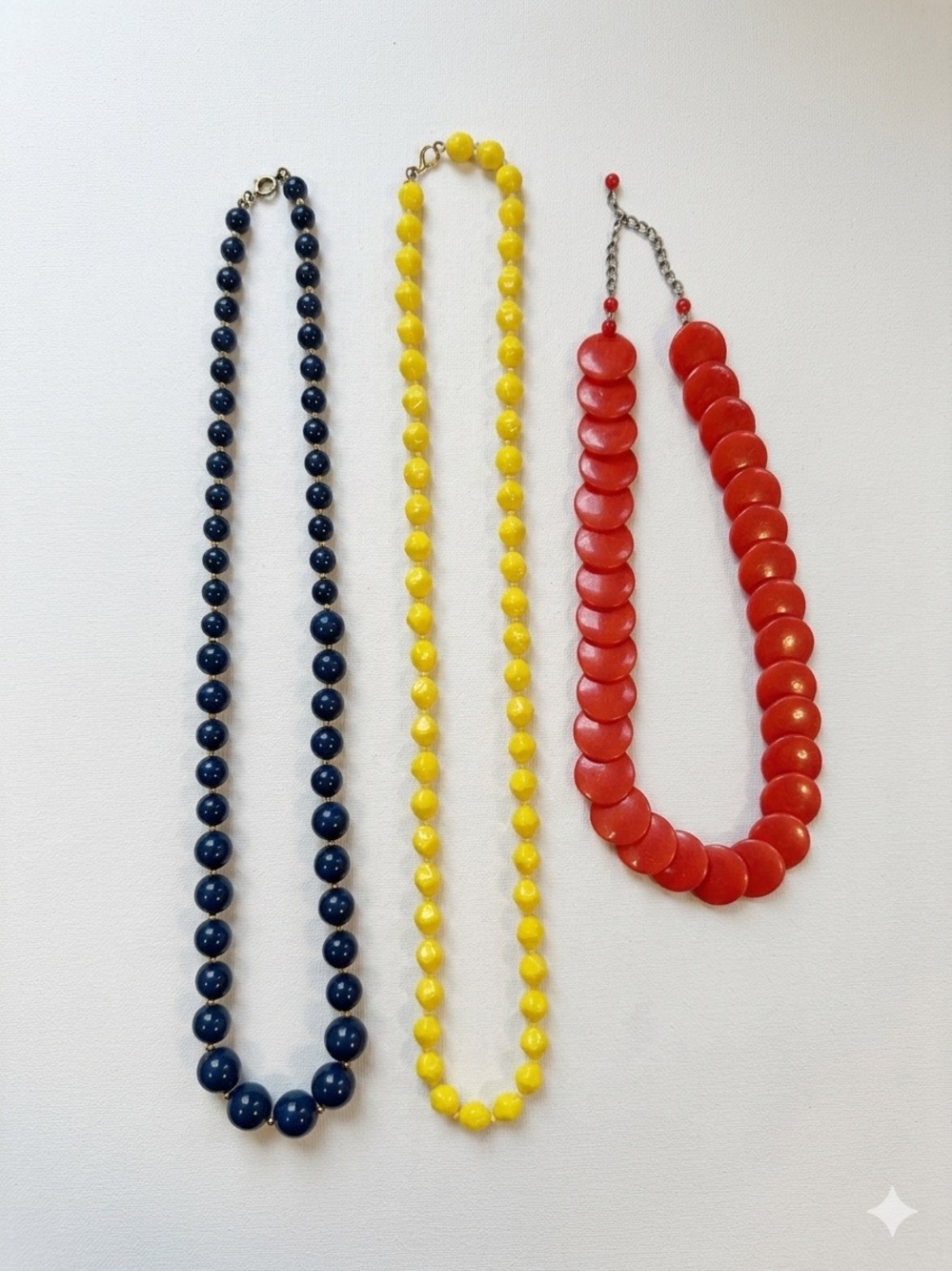 Vintage Celluloid Bead Necklace Lot Retro Mod Pop Art Red Yellow Navy For Summer